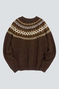 Brown suedehead fair isle crew neck jumper from ymc. seam-free sweater knit with traditional fair isle pattern. designed for a classic relaxed fit.    - 90% merino wool / 10% cashmere    - made in scotland Brown Fair Isle Pattern Winter Sweater, Brown Fair Isle Winter Top, Vintage Brown Sweater With Fair Isle Pattern, Brown Fair Isle Knit Sweater, 90s Fair Isle Pattern Crew Neck Sweater, Vintage Swimwear, Fair Isle Pattern, Crew Neck Jumper, Knitwear Dress