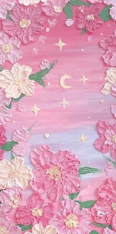 pink flowers and stars are painted on a canvas with acrylic pastel paint