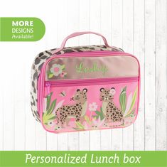 "PERSONALIZED LEOPARD LUNCHBOX Send your little one off to school with a darling personalized lunch box. These fun and functional lunchboxes are large enough to carry your children's lunch & snack needs for school and are durable enough to bring on field trips or picnics. We will personalize it with your child's name or initials, in the thread color & font of your choice. See customization options in the photos above. Please leave the name you would like embroidered in the Notes to Selle Cute Lunch Box For End Of School Year, Pink Lunch Box For Back To School Gift, Pink Lunch Box For Back To School, Cute Pink Lunch Box For Back To School, Cute Pink Lunch Box For Gift, Playful Pink Lunch Box For Gift, Playful Pink Lunch Box Gift, Cute Rectangular Lunch Box For Daycare, Bento Box Lunch For Adults