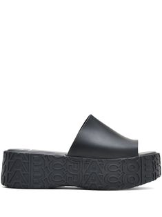 black slip-on style all-over embossed logo print branded insole flatform sole Modern Black Platform Slippers With Textured Sole, Black Platform Slippers With Textured Sole, Black Platform Flat Slides, Black Flat Platform Slides, Modern Black Platform Slippers With Rubber Sole, Black Platform Slides In Synthetic Material, Black Platform Slip-on Slides, Black Platform Slippers With Textured Sole For Spring, Summer Slip-on Slides With Embossed Logo