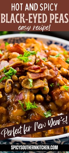 a bowl filled with black eyed peas and bacon