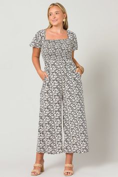 Chic Wide Leg Jumpsuits And Rompers With Floral Print, Casual Wide Leg Jumpsuit With Smocked Bodice, Casual White Jumpsuits And Rompers With Smocked Bodice, Chic Short Sleeve Jumpsuits And Rompers With Floral Print, Chic Floral Print Jumpsuit With Short Sleeves, Casual Floral Print Jumpsuit With Short Sleeves, Casual Floral Print Jumpsuits And Rompers With Short Sleeves, Flower Jumper, Blue Door