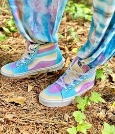 These are custom made in your size! You can also choose different colors🌈 Tie Dye Tennis Shoes, Tie Dye Vans Slip Ons, Vans High Top Sneaker Custom, Custom High Top Vans, Salmon Mustard, Hippie Vans, Dye Shoes, Tie Dye Vans, Maroon Romper