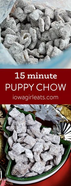 a bowl filled with puppy chow next to a christmas ornament