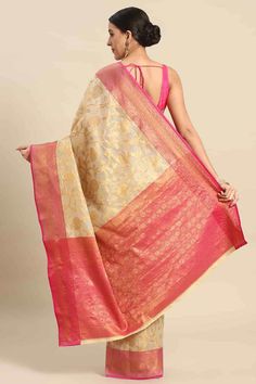 Product Features: Saree: Saree as seen in picture - Choose the drape style while order: Standard, Pleated or Gujarati Saree Color: Pink Saree Fabric: Banarasi Art Silk Saree Style: Banarasi Saree Work: Floral Saree Pattern: Regal Weave Saree Print: floral zari woven Blouse: Blouse design must be chosen while ordering. For the blouse in pic, please choose the selection "As seen in picture" or customize your selection. Blouse Color: Pink Blouse Fabric: Banarasi Art Silk Wash Care: Dry Clean Only O Anarkali Style Meenakari Pre-draped Saree, Navratri Blouse Piece With Meenakari Detail, Navratri Blouse Piece With Meenakari, Raw Silk Traditional Wear With Meenakari For Puja, Diwali Zari Weaving Choli, Art Silk Choli With Self Design In Traditional Drape, Art Silk Choli With Self Design And Traditional Drape, Paithani Silk Choli For Transitional Season, Gold Choli With Zari Weaving Traditional Drape