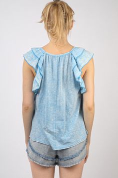 Introducing our latest addition, the Ruffled Washed Knit Blouse Top! Perfect for the lovely spring season, this sleeveless top features a round neck for a soft, feminine look. Ideal for a dinner out, this soft girlcore blouse adds a touch of fun and flair to any outfit. Fabric: 100% Rayon Chic Cotton Tops With Ruffled Straps, Cotton Tops With Ruffled Straps For Day Out, Casual Cotton Top With Ruffled Straps, Casual Cotton Tops With Ruffled Straps, Spring Cotton Ruffled Tank Top, Spring Cotton Ruffle Tank Top, Spring Cotton Tank Top With Ruffles, Trendy Cotton Tops With Ruffled Straps, Spring Day Out Tops With Ruffled Straps