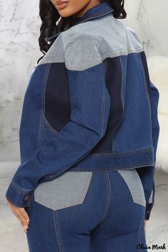 Olivia Mark - Premium Blue Denim Jacket: Featuring Expertly Crafted Solid Patchwork, Classy Turndown Collar, and Sleek Long Sleeves Casual Blue Patchwork Denim Jacket, Casual Blue Denim Jacket With Patchwork, Casual Dark Wash Patchwork Outerwear, Trendy Dark Wash Patchwork Outerwear, Trendy Patchwork Dark Wash Outerwear, Workwear Denim Jacket With Patchwork, Patchwork Denim Jacket For Work, Casual Fitted Patchwork Denim Jacket, Casual Fitted Denim Jacket With Patchwork