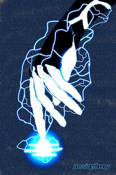 a drawing of a hand reaching for a frisbee in the air with blue light coming from it