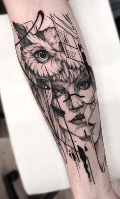 a woman's face with an owl on her arm