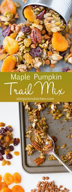 an assortment of nuts and dried fruit on a baking sheet with text overlay that reads you can make perfect trail mix