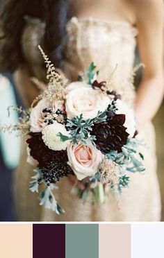 a woman holding a bouquet of flowers on her wedding day, with an instagram page below