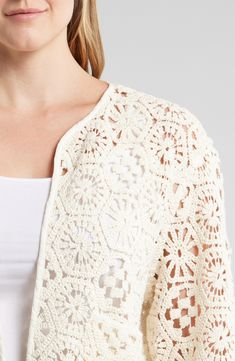 Intricate crochet-like hexagons lend artisanal beauty to a lightweight cotton-and-nylon lace jacket that adds the perfect finishing touch to your ensemble. 21 1/2" length (size 3X) Open front Jewel neck Front patch pockets 95% cotton, 5% nylon Hand wash, dry flat Imported White Crochet Outerwear For Summer, White Crochet Summer Outerwear, Beige Crochet Outerwear For Spring, White Cardigan With Crochet Trim, White Crochet Trim Cardigan, White Cotton Crochet Outerwear, White Crochet Cotton Outerwear, Spring Cream Cardigan With Crochet Lace, Cream Crochet Lace Cardigan For Spring