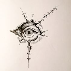 a drawing of an eye with barbed wire around it