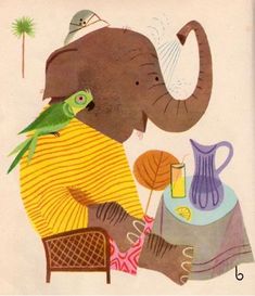 an elephant with a parrot on its shoulder and a vase in front of it, sitting at a table