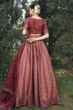 Maroon lehenga in vegan silk featuring floral weaving pattern and attached cancan. Accompanied by a padded blouse and a dupatta., Fit: Relaxed Floral Weaving, Maroon Lehenga, Padded Blouse, Silk Lehenga, Weaving Patterns, Set For Women, Aza Fashion, Lehenga, Weaving