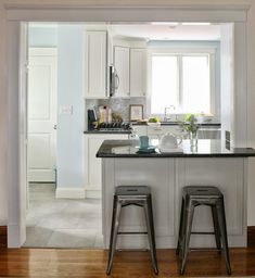 two stools are in front of the kitchen island