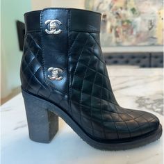 Chanel Black Boot. Only Worn Twice. Perfect Condition Except Tiniest Fade On Left Heel. Chanel Black, Chanel Shoes, Short Boots, Black Shorts, Shoes Heels Boots, Black Boots, Shoes Women Heels, Shoes Heels, Chanel