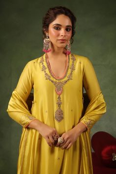 Yellow kurta with zardozi, sequin embroidery on neckline, sleeves and buttis spread all over in leaf butta pattern. Paired with border embroidered pant and dupatta. - Aza Fashions Embroidery Zardozi, Embroidered Sharara, Yellow Kurta, Kurta Patterns, Zardozi Embroidery, Embroidered Pants, Sequin Embroidery, Sharara Set, Kurta With Pants