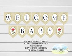 baby shower banner with the words welcome baby and red rose on white wood planks