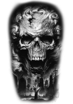 a black and white photo of a skull with flames coming out of its mouth, in front of a city skyline