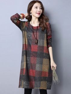 RETRO PLAID THICKEN WOOLEN MINI DRESS - rrdeye Woolen Dress, Easy Costume, Loose Maxi Dress, Lantern Sleeve Dress, Cotton Jumpsuit, Boho Style Dresses, Cozy Fashion, Crop Shirt, Retro Dress