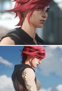 two different views of an anime character with red hair