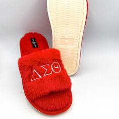 Experience ultimate comfort and style with our Simply Greek Plush Slide footwear! Designed with a slide-on style, open toe, and snug vamp, these slippers are both adorable and cozy. Crafted with a polyester upper and insole, they are the perfect choice for long hours of wear. Product Description: Color: Red Plush Off-white rubber bottoms (0.5 inch thick) SLIPPER SIZING CHART US Sizes Length Width Small 5 >> 6.5 24.3cm (9.5 inches) 10.1cm (3.98 inches) Medium 7 >> 8.5 25.7cm (10.1 inches) 10.4cm Slides Slippers, Delta Sigma Theta, Long Hours, Sizing Chart, Womens Slippers, Open Toe, Slides, Slippers, Product Description