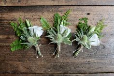 three white flowers and green leaves on a wooden surface