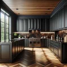 an image of a kitchen setting with wood flooring and black cabinets on the walls