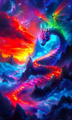 a colorful dragon flying through the sky above mountains and clouds at night with bright colors