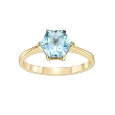 This stunning blue topaz ring is a must-add to your jewelry collection. This stunning blue topaz ring is a must-add to your jewelry collection.  Nickel free Metal: sterling silver Packaging: boxed Plating: 14k gold Width: 7 mm Finish: polishedSTONE DETAILS Stone type: blue topaz Total weight: 1 ct. Center stone weight: 1/2 ct. Center stone size: 7 mm x 7 mm Shape: hexagon Setting: prong Gemstones may have been treated to enhance their appearance. Special care may be required. Please visit our  G Gold Solitaire Blue Topaz Ring, Blue Topaz Solitaire Birthstone Ring, Classic Blue Topaz Ring With Vs Clarity, Pave Wedding Rings, Silver Packaging, Twisted Band Ring, Hand Rings, White Opal Ring, Garnet Crystal