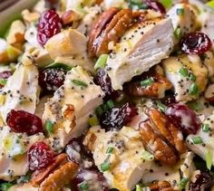 a salad with chicken, cranberries and pecans in it on a plate