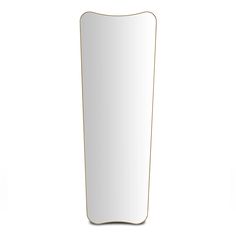 a white rectangular mirror with gold trim on the edges and bottom edge, against a white background