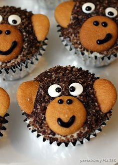 cupcakes decorated like monkeys with googly eyes