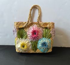 "Cute Filipina floral basket purse. Good condition. 6 1/2\" Length, 9\" width 2 3/4\" bottom width , 2 1/2\" sides" Lei Purse, Summer Floral Embroidered Shoulder Bag For Beach, Floral Embroidered Rectangular Beach Bag, Multicolor Floral Embroidered Summer Bag, Multicolor Floral Embroidered Daily Bags, Summer Beach Flower-shaped Shoulder Bag, Basket Purse, Floral Baskets, Top Handle Bags