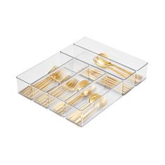 gold cutlery trays with dividers and spoons in clear plastic containers on a white background