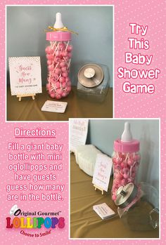 a baby shower game with pink balls in a bottle and other items on the table