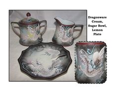 three pieces of glass with dragon designs on them and the bottom one has a saucer, sugar bowl, and spoon