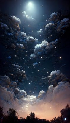 the night sky is full of stars and clouds as if they were floating in the air