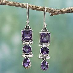 Three Stone Faceted Amethyst Sterling SIlver Dangle Earrings - Lavender Glamour | NOVICA Purple Amethyst Earrings, Moonstone Drop Earrings, Blue Opal Earrings, Crystal Wedding Jewelry, Wedding Bridal Jewellery, Moonstone Earrings, 925 Silver Earrings, Geometric Pendant, Amethyst Earrings