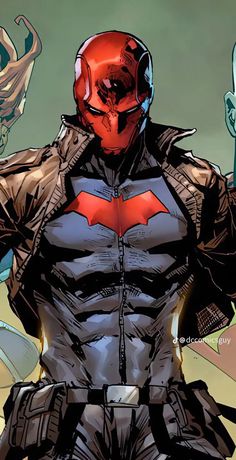 an image of a man dressed as the red hoodoo from batman comics standing in front of other characters