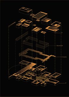 an architectural drawing of a house in gold on a black background with lines and dots