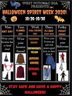 halloween spirit week poster with the words, stay safe and have a happy halloween