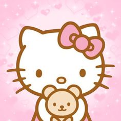 a hello kitty holding a teddy bear on a pink background