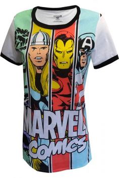 Marvel Comics Ladies Avengers Team Tee Shirt Marvel Clothing, Ringer Shirt, Avengers Outfits, Avengers Team, Geek Clothes, Classic Comic Books, Marvel Shirt, Marvel Avengers Funny, Geek Fashion