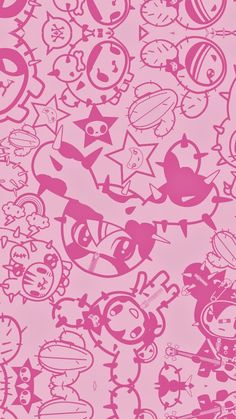 the pink wallpaper has many cartoon characters on it