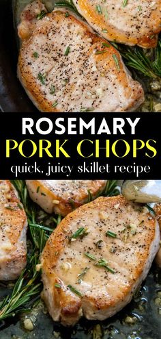 rosemary pork chops in a skillet with text overlay