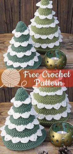 crochet christmas tree pattern with bowls and pine cones on the bottom, in three different colors