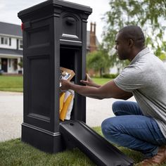 Remove the floor board to uncover a large storage space inside the mailbox and unlocking peace of mind for you – mail and small packages drop into the storage space that’s able to hold up to two weeks’ worth of standard letters and magazines. High-quality resin ensures your mailbox will never chip, splinter, rust, or tarnish that no matter the conditions, come home to this thoughtfully-designed mailbox built to withstand inclement weather like rain, sleet, snow, and sun; complete with steel hardware for durability. Designed for the busiest homeowners, you’ll never have to sand, stain, or paint your Atherton Reserve Storage Mailbox. Convenient newspaper chute is included to finish the look!. SureShut magnetic closure ensures the mailbox door stays closed and mail stays safely inside.. Made Black Mailbox, Large Mailbox, Mail Storage, Garage Entry, Wooden Posts, Built In Storage, Black Plastic, One Design, Curb Appeal