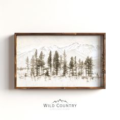 a wooden frame hanging on the wall displaying a painting of trees and mountains